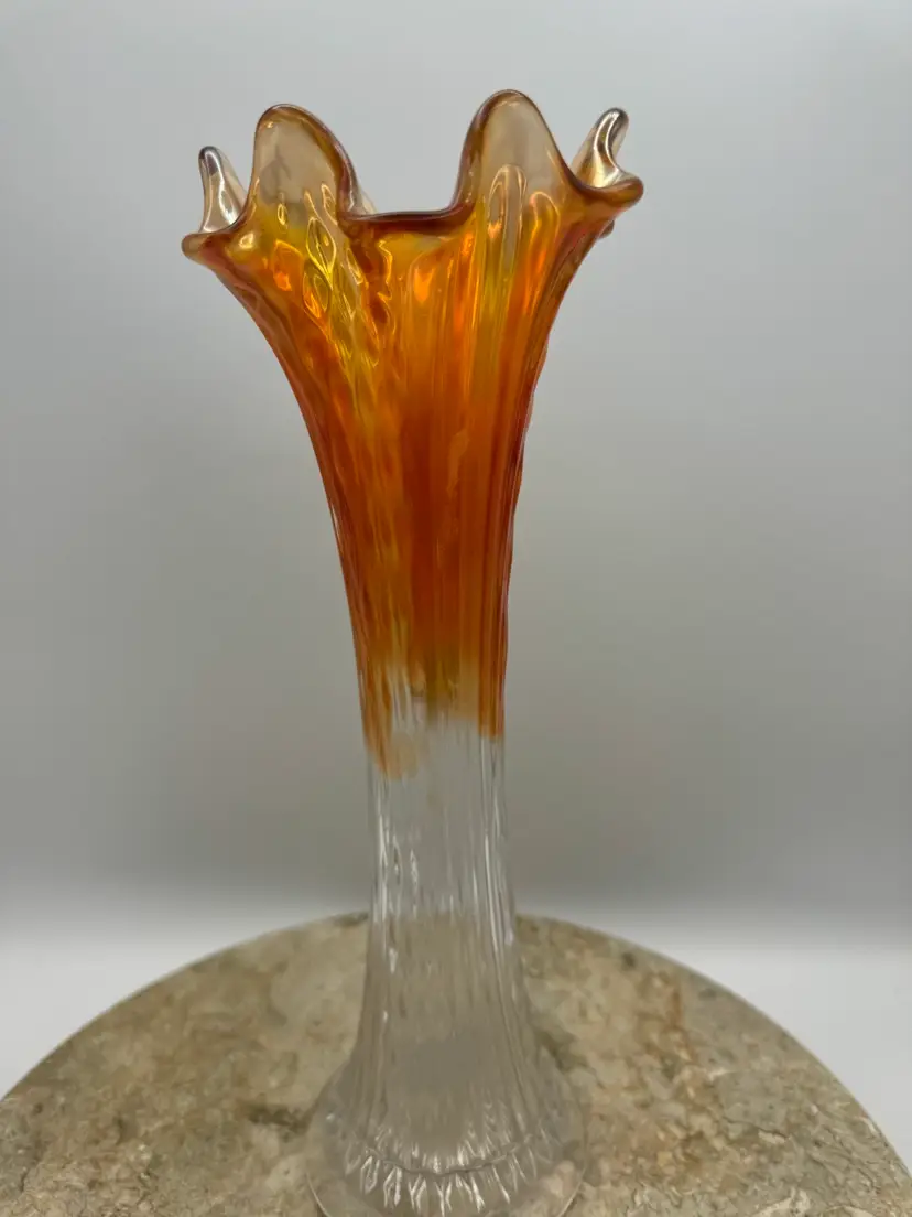 Imperial Glass Diamond Point Columns Carnival Glass Swung Vase 6 Finger 11”