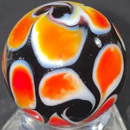 1 1/8" Signed Red White Black Paisley Design Marble UV Glow Front And Back Photos