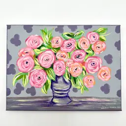 Floral Acrylic Painting, Pink Roses Purple Acrylic 9”x 12”