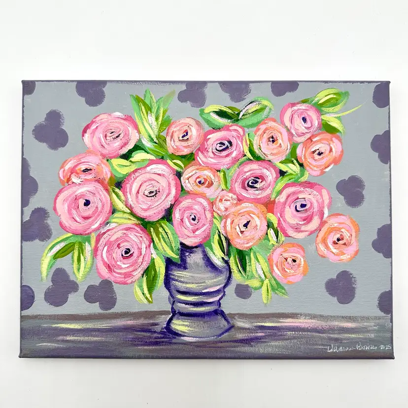 Floral Acrylic Painting, Pink Roses Purple Acrylic 9”x 12”