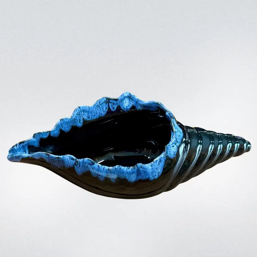 13.5” ANNA VAN BRIGGLE Ceramic Conch Shell Planter, Black Blue Drip Glaze Signed