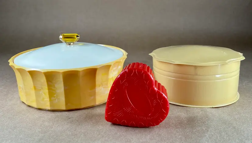 Avon TOPAZ Powder Box w/Jewel Yellow Celluloid Powder Box Plastic Red Heart Ring Box Trinket Dish
