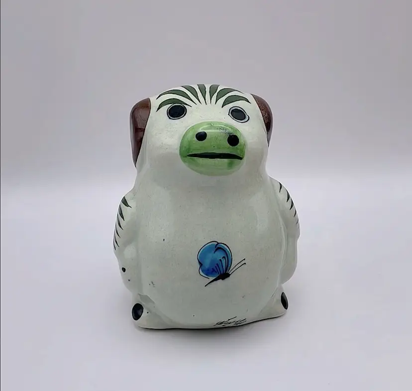 Tonala Mexican Pottery, Signed, Folk Art, 5” PIG Figurine, Handmade, Florals/Butterflies