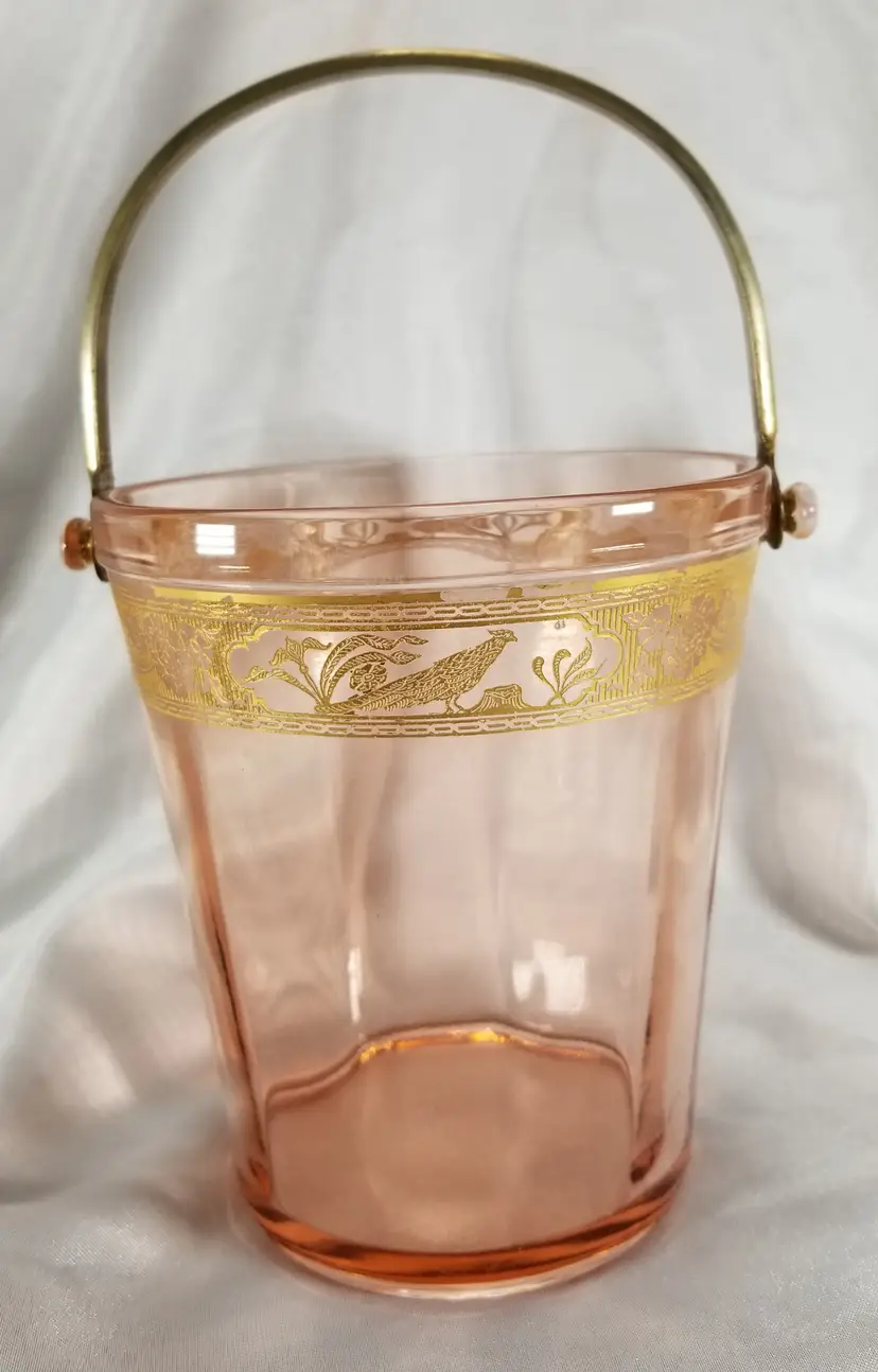 Vintage Pink Depression Glass Etched Pheasant and Stump Ice Bucket