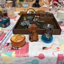 Bundle Owl Trinket Box, Wooden Cat Note Holder, Blue Pitcher Silver Overlay