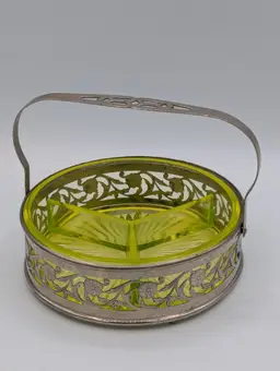 Green Depression Glass Relish Dish 3-Part Silver Basket