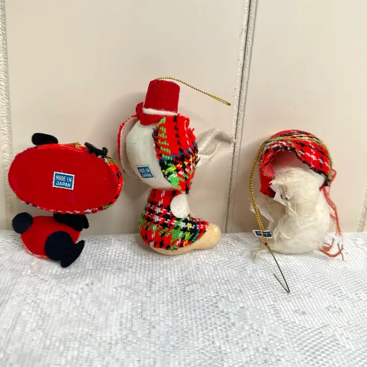 Vintage Made In Japan Flocked Animal Ornaments Christmas Plaid- Lot Of 3