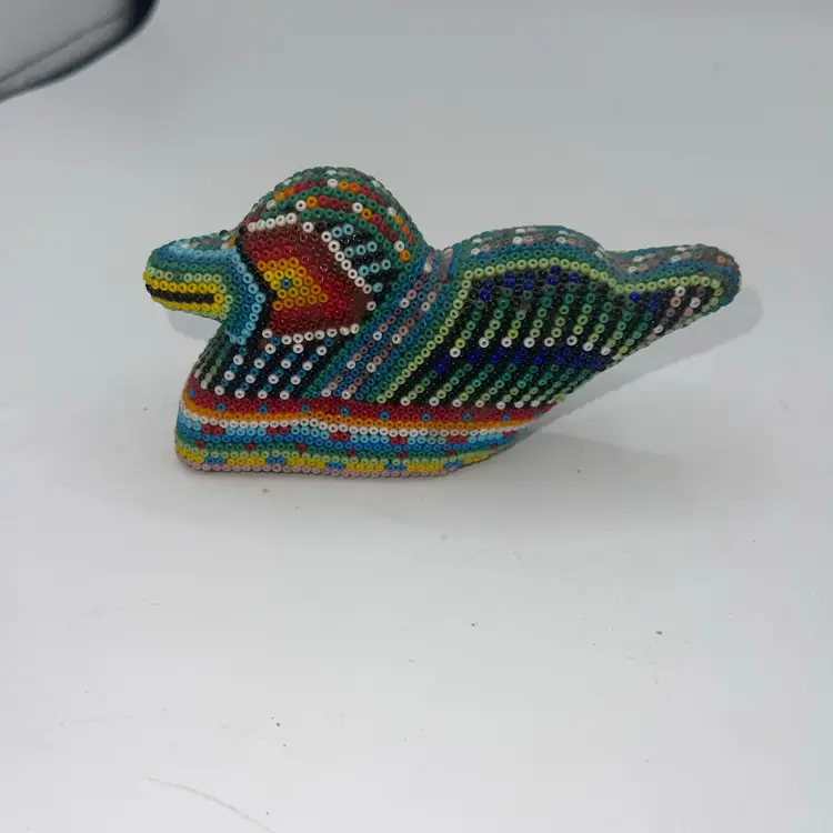#01 - 01-Huichol Beaded Mexican Folk Art Duck  On Wood. 5” x 2.5” READ