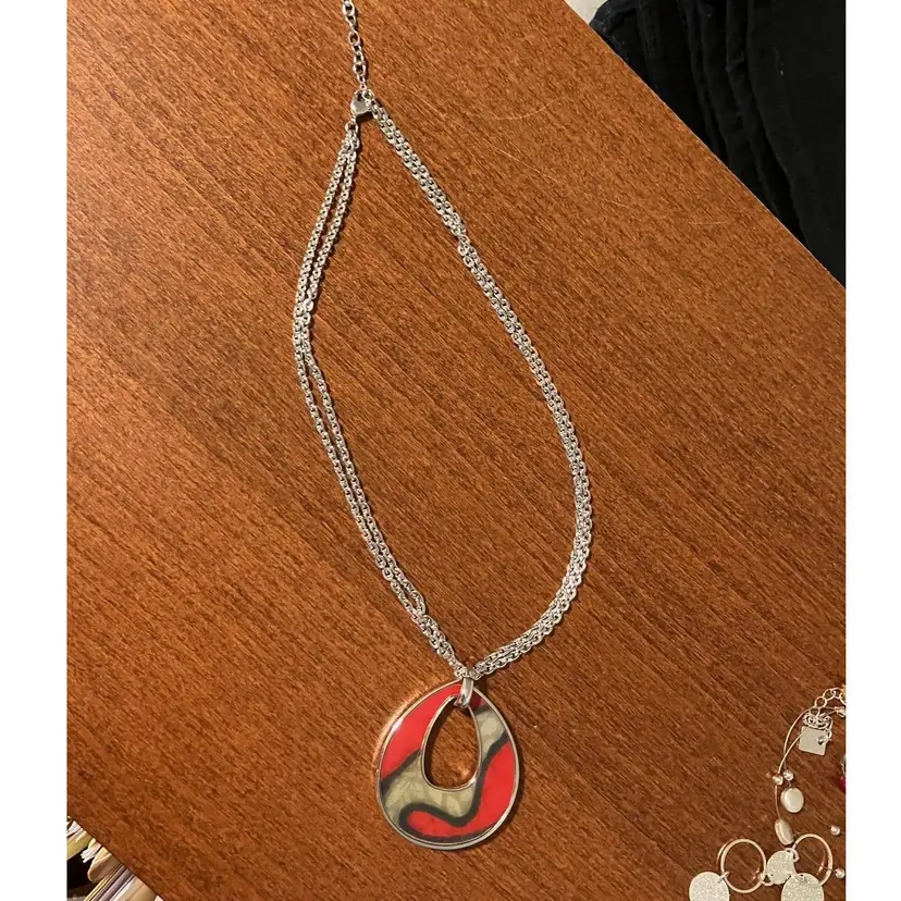 Erwin Pearl Pendant Necklace Hand Painted Enamel SilverTone Double Chain Signed