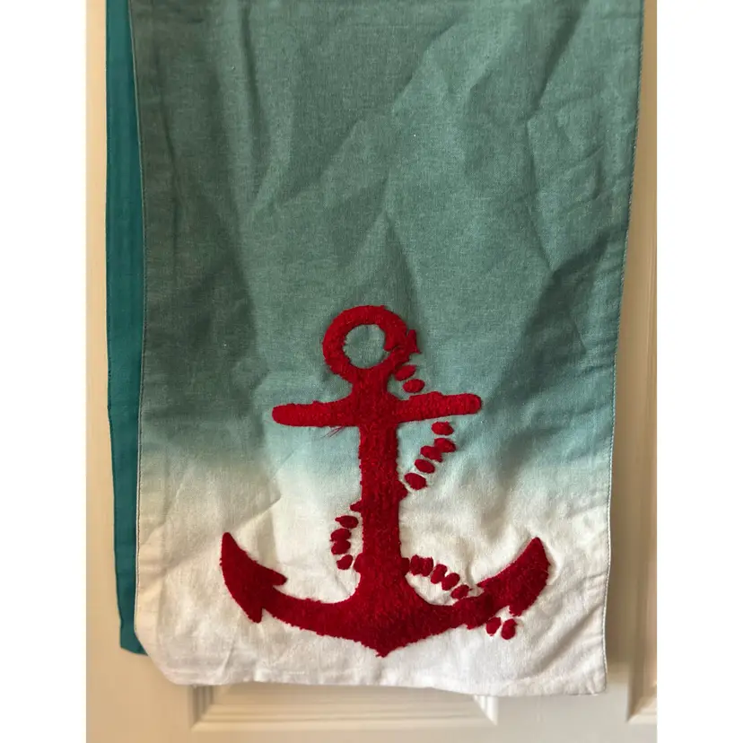 Coastal Linen Table Runner  Red Anchor Nautical Beach House Decor