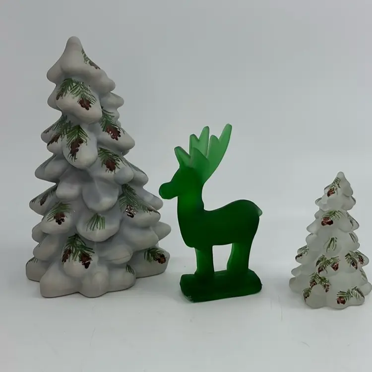 Gray Slag & Satin Pinecone Trees 2.75” & 5.5” & Green Satin Deer 3.75” Set Mosser Glass