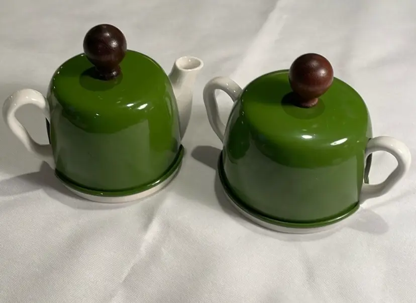 MCM, ceramic sugar and creamer with green metal cozies from Post WWII. Japan.