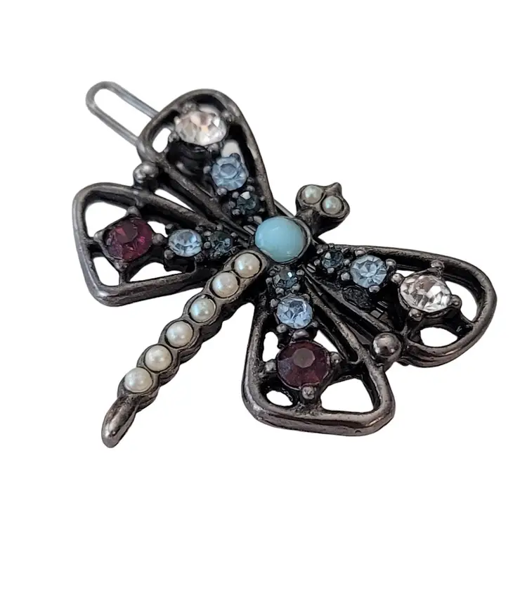 Yosca Faux Pearl Red Blue Rhinestone Butterfly Barrette, Signed E667