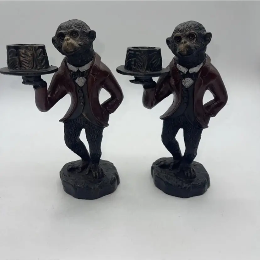 Cast Iron Butler Monkey Candleholder Pair Vintage Decor Set Of 7 Each 7.25