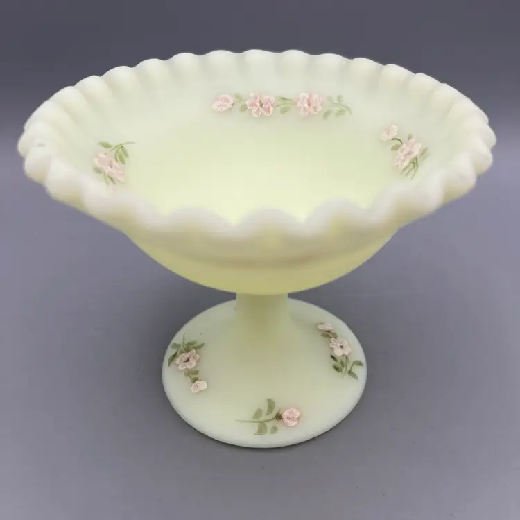 Fenton Custard Uranium Glass Compote Candy/Nut Dish 5" Wide Hand Painted Signed