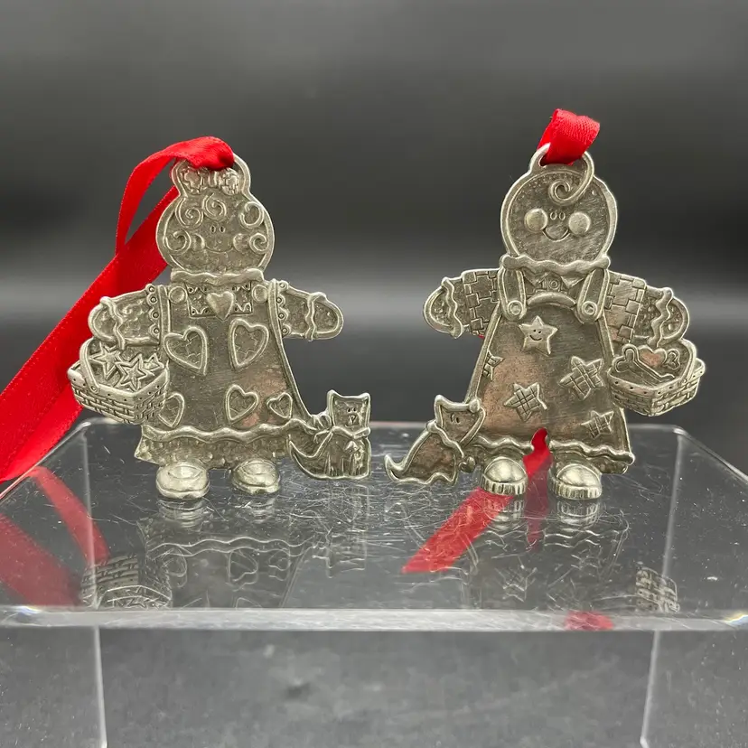 Longaberger Roger & Ginger Pewter VTG Christmas Ornaments Gingerbread Boy Girl