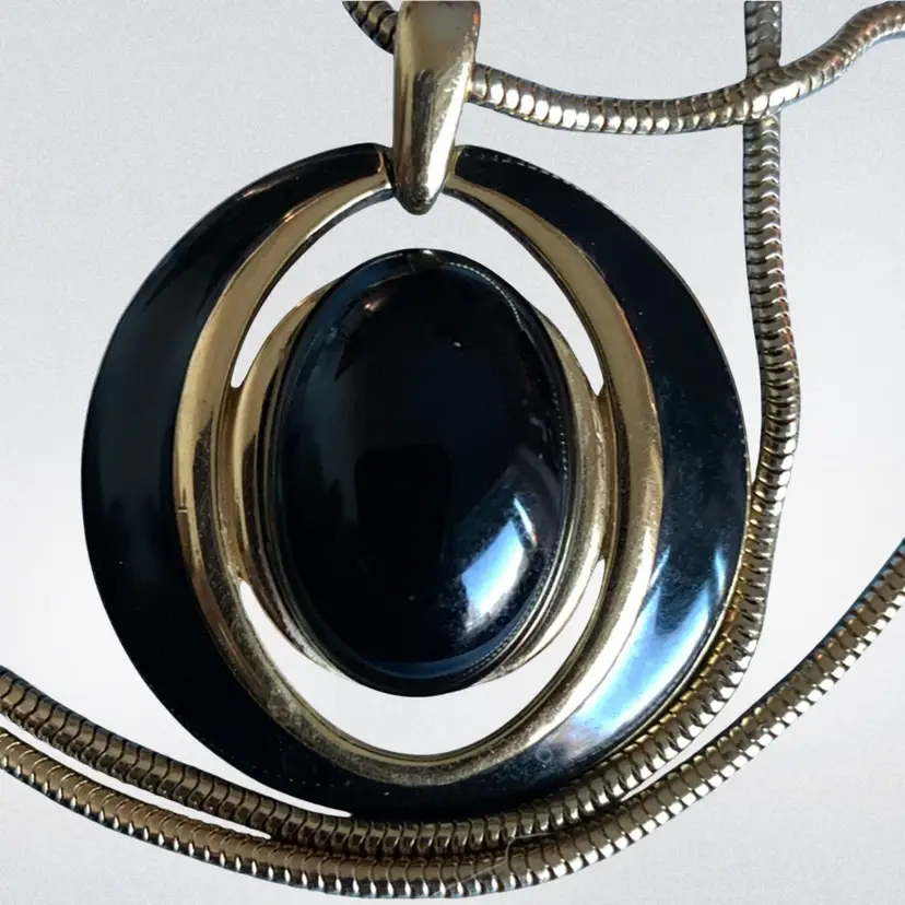 Vintage Signed Trifari Gold Tone And Black Enameled Oval Shape Pendant With Gold Tome Chain, Spring Ring Clasp