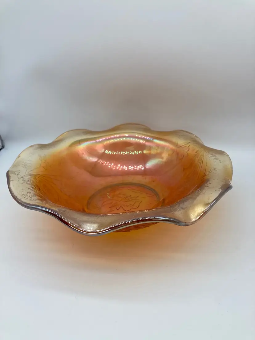 Vintage Carnival Glass Floral Marigold Iridescent Ruffled Scalloped Bowl 1930s