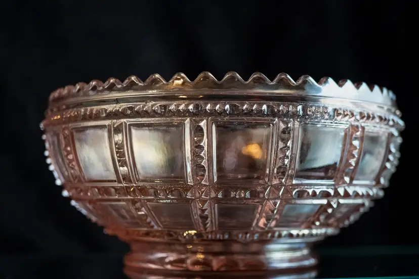 Frosted Block with Sawtooth Rim 1970's Imperial Pink Iridized Carnival Glass Bowl