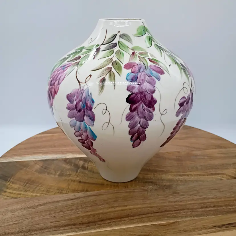 Vintage Hand Painted Art Pottery  Artist Signed Wisteria Ceramic Vase/