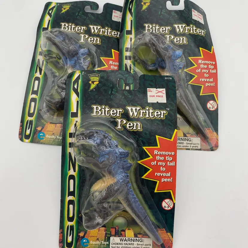 Godzilla Bundle of 3 Biter Writer Pens - New Old Stock 1998 Equity Toys