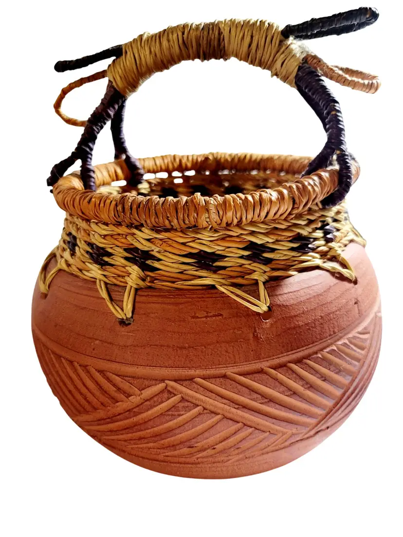 Ghana Artisan Red Clay Pottery and Rustic Basket Handwoven African Decor 8.5"