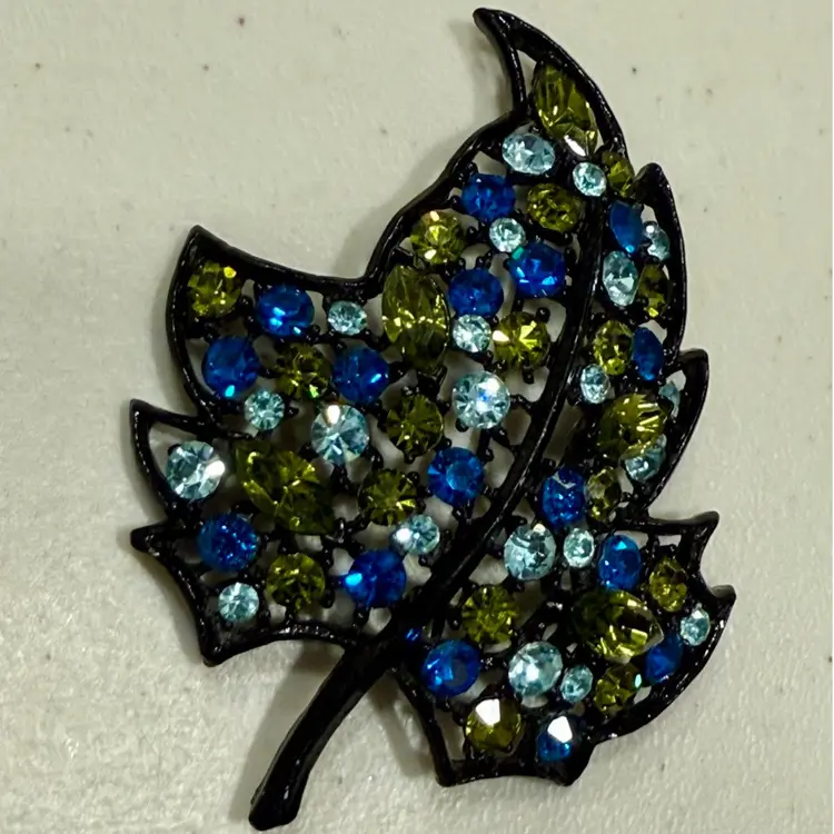 Vintage MCM Japanned Green & Blue Leaf Rhinestone Leaf Brooch 2.78” x 2.23”