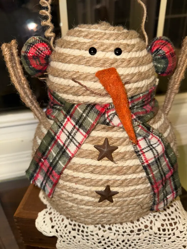 Snowman 9.5" Decor Rope with Plaid Scarf Rustic Farmhouse