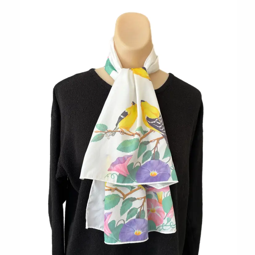 Signed Gold Finch Songbird Scarf Long Rectangle Vintage Floral Morning Glory 13x40