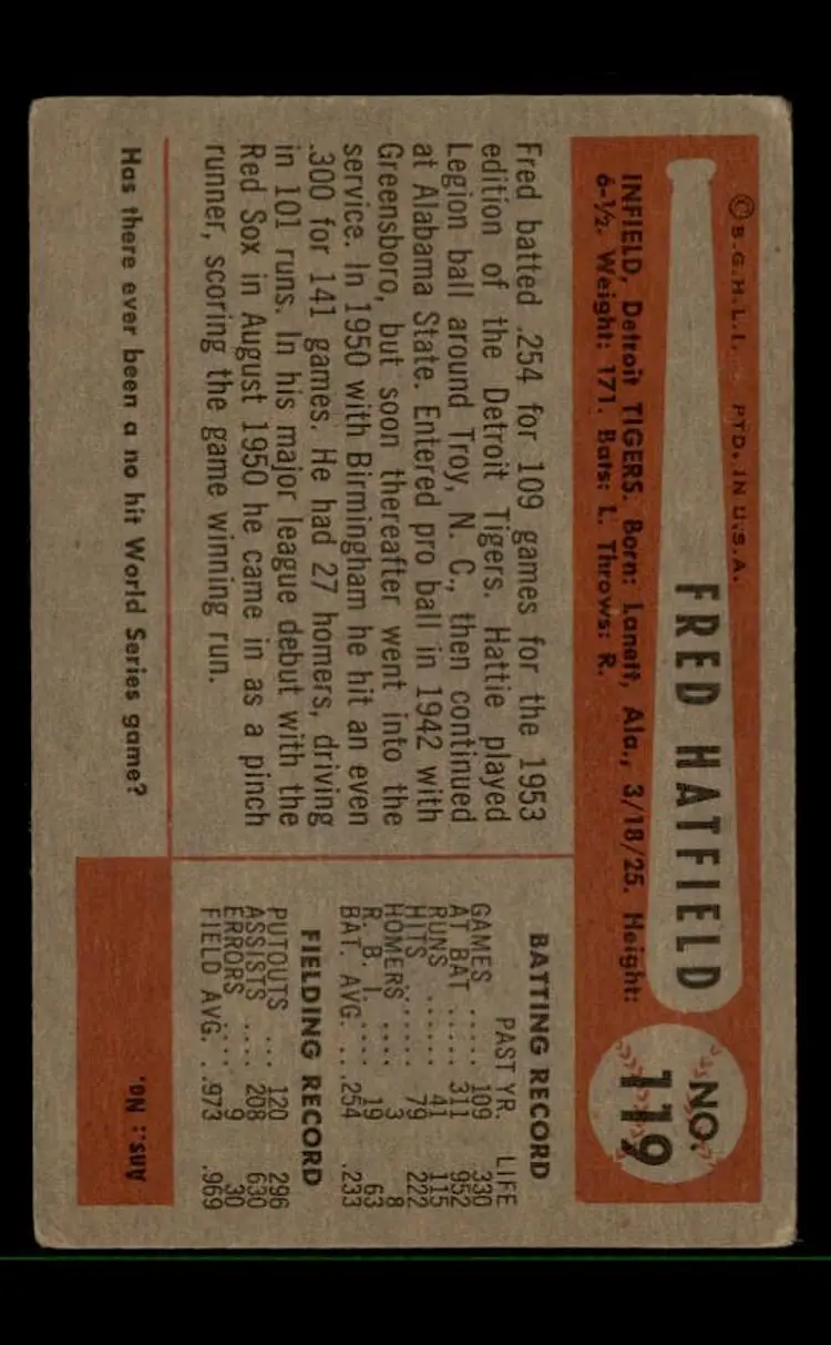 1954 Bowman #119 Fred Hatfield - (pk-tl3) - Detroit Tigers