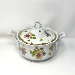 28 - Vintage Bavarian-Style Small Round Ceramic Porcelain Soup / Vegetable / Gravy Tureen with Lid, Flower Sprig and Insect Design, Gold Rim, Handles