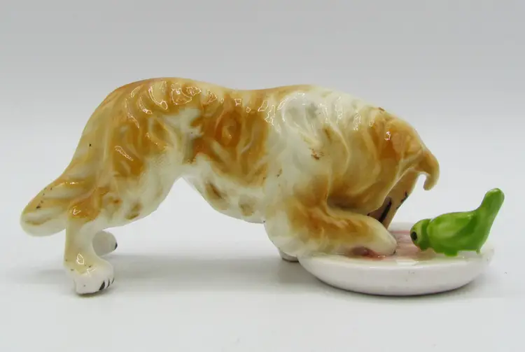 VTG Bone China Collie Dog Eating w/Green Bird Made in Japan possibly by Bridge