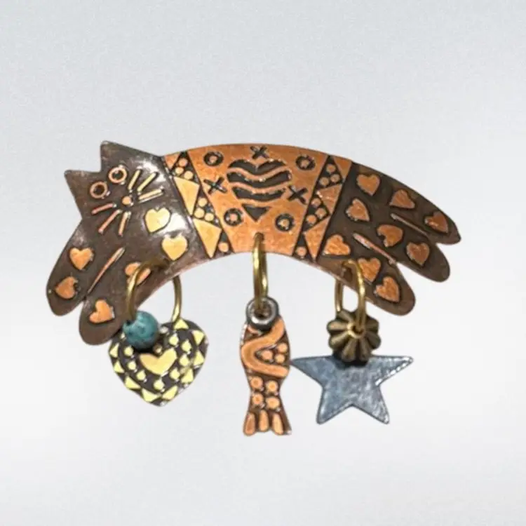 Vintage Stamped Metal Cat Brooch w/ Heart, Fish & Star Dangle 1.75”