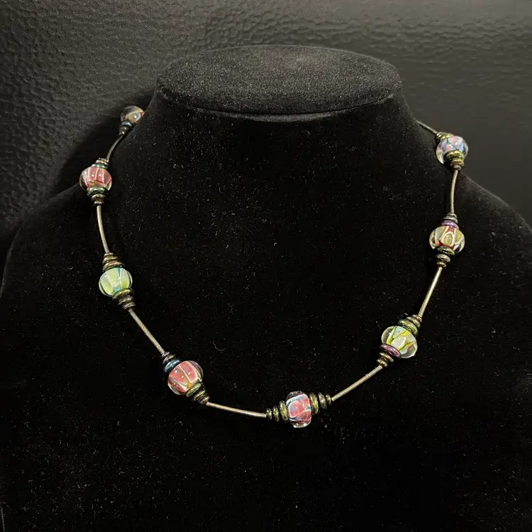 Sterling 925 Silver Multicolor Art Glass Bead Necklace w/ Stacked Dark Iridescent Beads & Metal Tube Beads