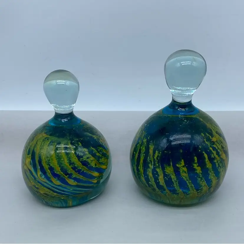 #0003 Pair Green Blue Swirl Malta Mdina Art Glass Paperweights With Finial