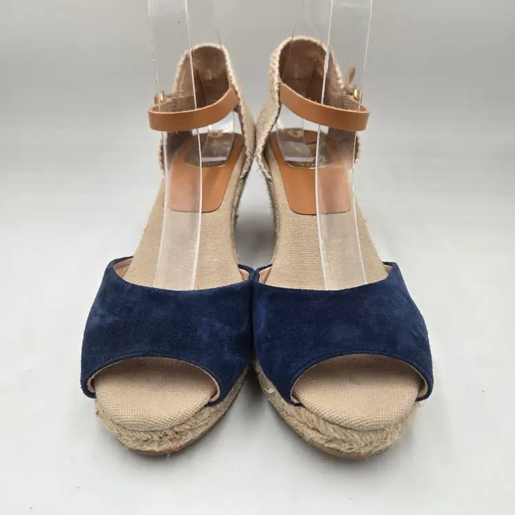 Kanna Women's Ankle Strap Wedge Espadrille 4207 Sandal Blue Suede Tan Sz 39 / 8