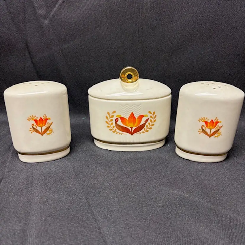 Vintage Harker Pottery Bakerite Orange Tulip Salt, Pepper, Sugar with lid 1940s