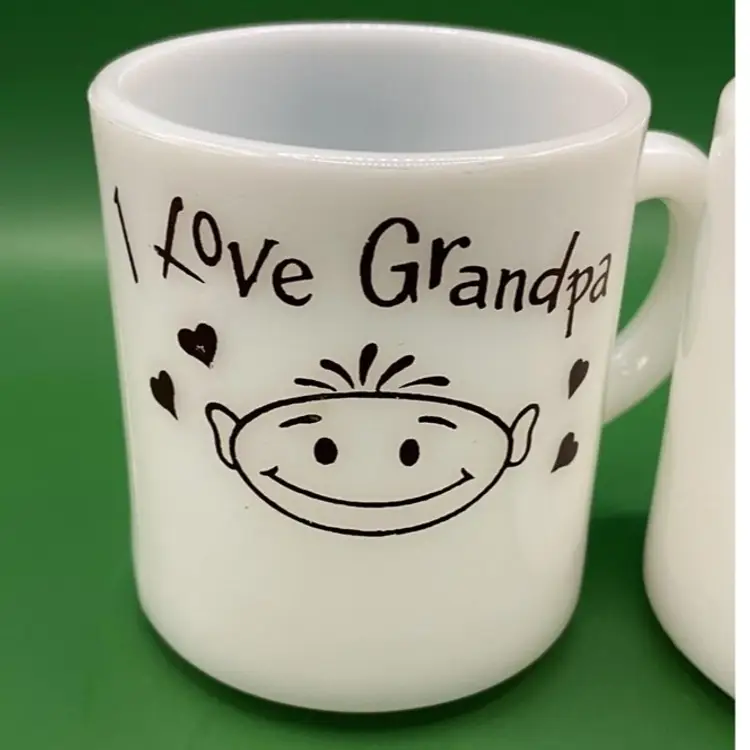 2 Vintage Hazel Atlas Milk Glass Mug Set I Love Grandma/Grandpa