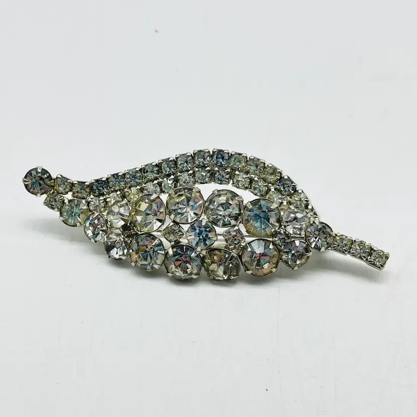  Vintage Rhinestone Leaf Brooch Silver Tone Holiday Party 