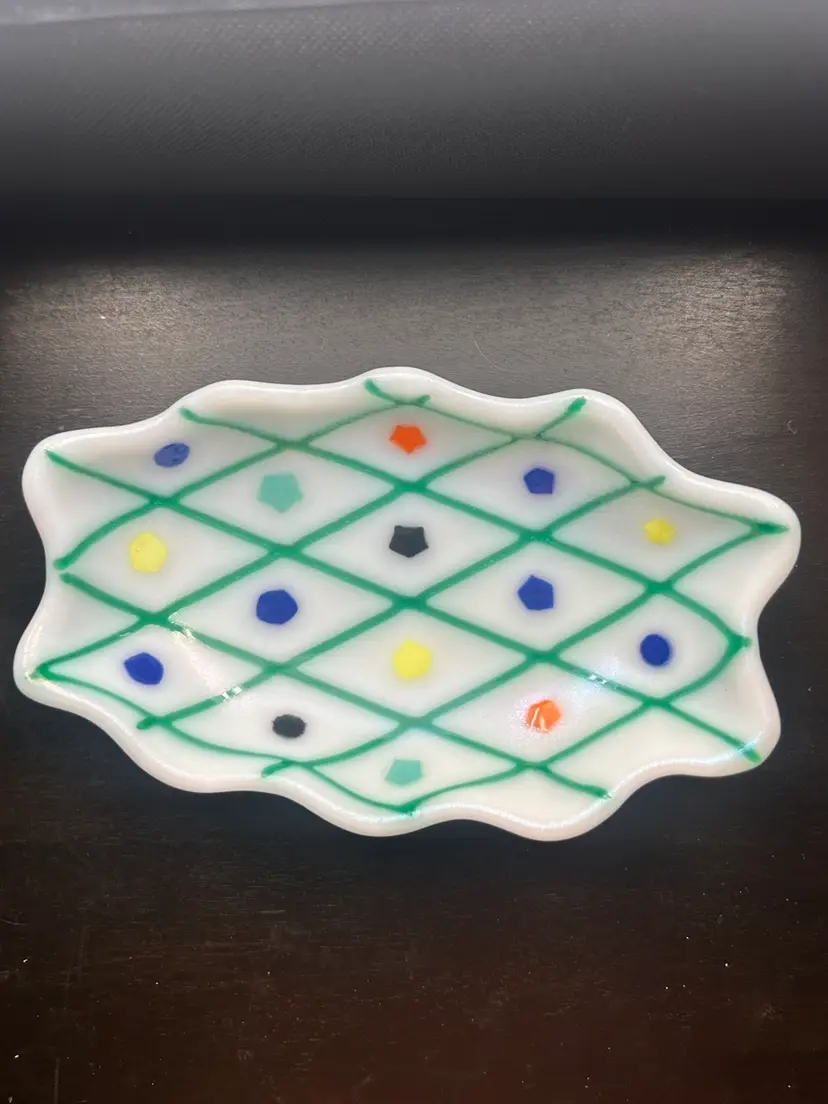 Handmade White Fused, Glass, Trinket Dish, Green With Multicolored Dots Scallop Edge