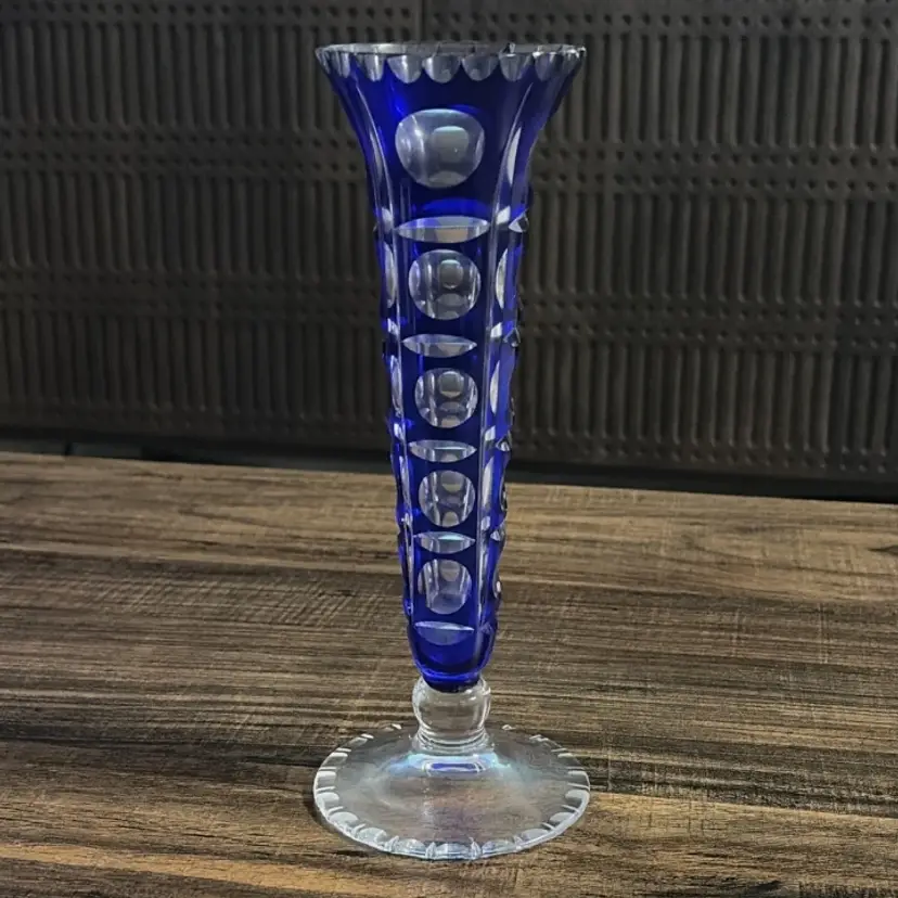 Vintage Bohemian Cobalt Blue Cut to Clear Crystal Vase Faceted Glass