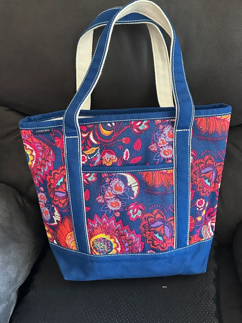 LANDS END - Canvas  Tote Bag - FLORAL - 13" Tall Front Pocket Key Clip