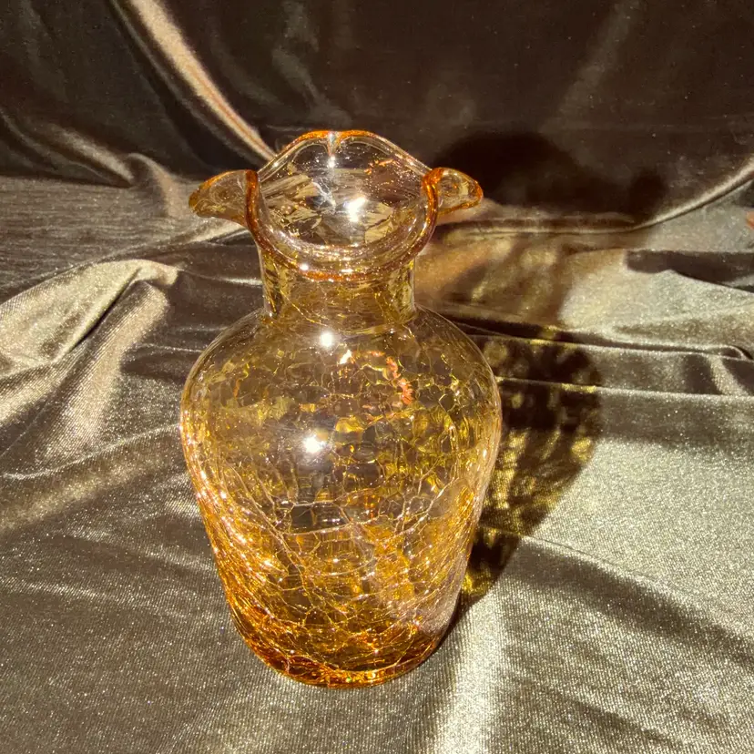 Vintage Amber Crackle Glass Vase Applied Ruffle Ruffle Edge