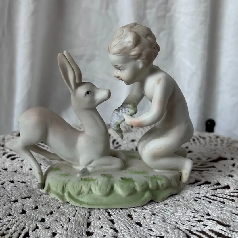 Vintage Bisque Ceramic Lefton Putti W/Deer Figurine #435
