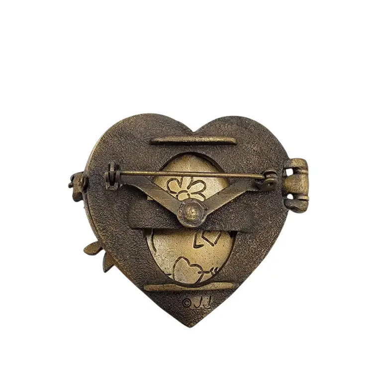 JJ Brass Heart Mom Locket Brooch With Rose Design & Engraved Interior Details