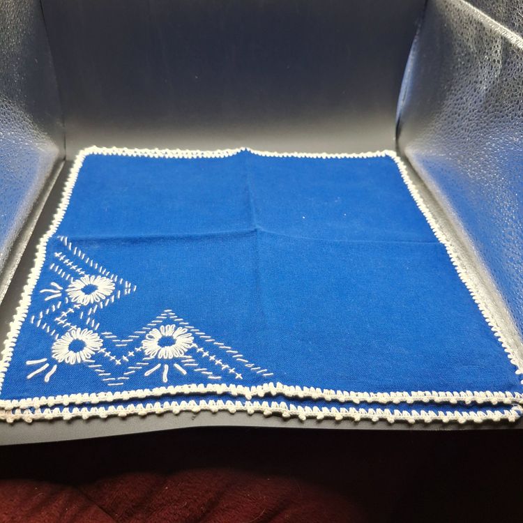 Sindhi Embroidery Blue Handcrafted Crocheted edge Cotton Table Napkin Set of Six