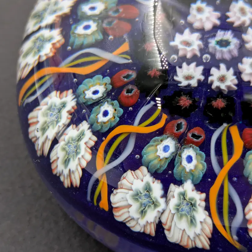 Strathearn Scottish Art Glass Paperweight Navy Millefiori 8 Spoke