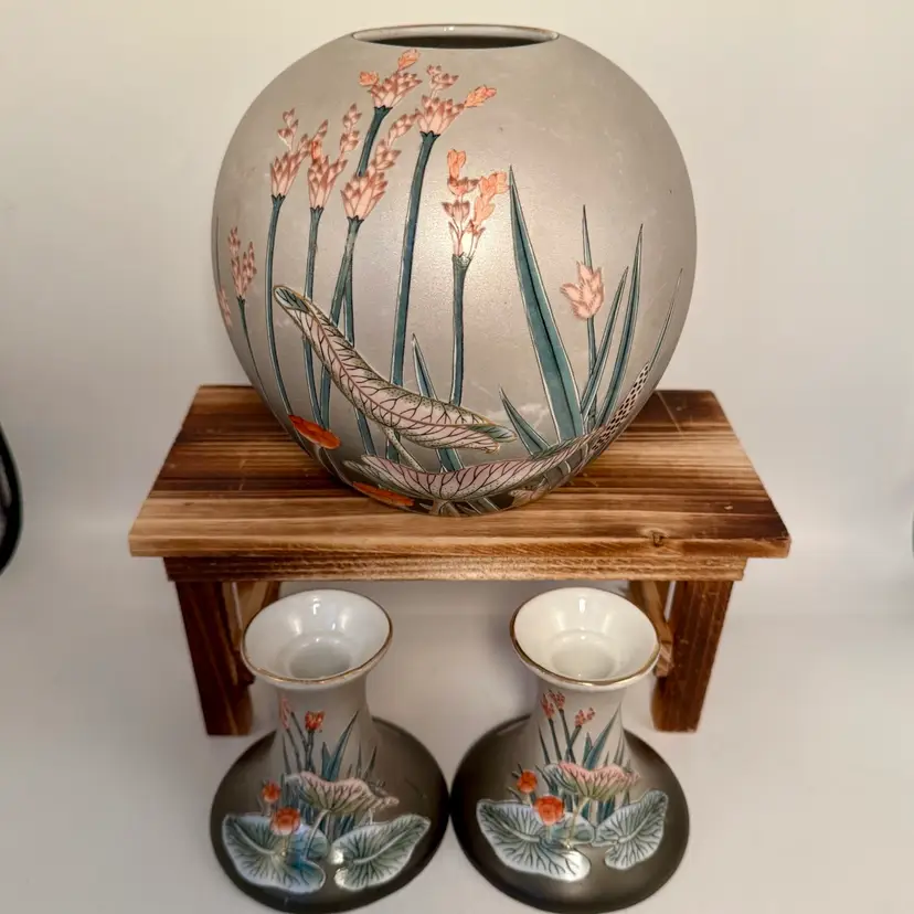 Toyo Hand Painted Water Lillies Round Vase and Candlestick Holders 3 Piece Set