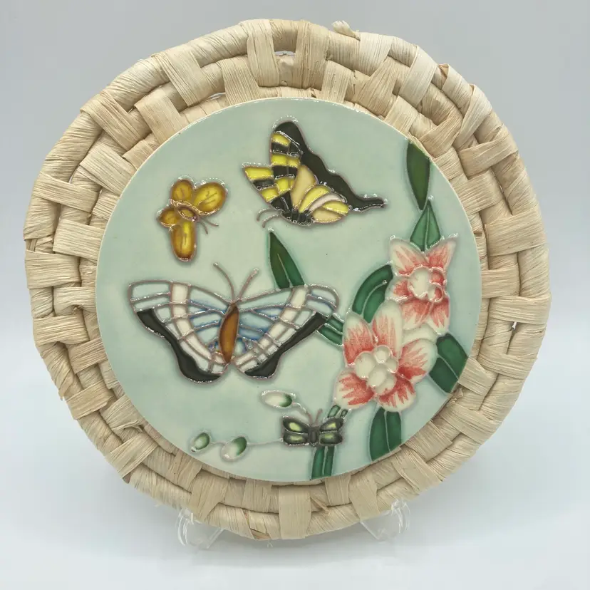 Vintage Butterfly Floral Embossed Ceramic Tile Rattan Trivet Wall Plaque Art 8.5"