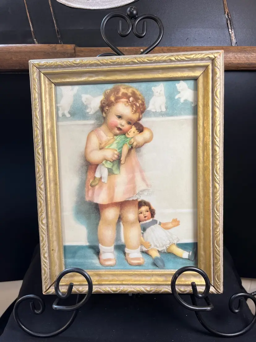 Vintage Lithograph by Bessie Pease Gutmann "Love Is Blind" in Vintage Wooden Golden Frame-Lot 43
